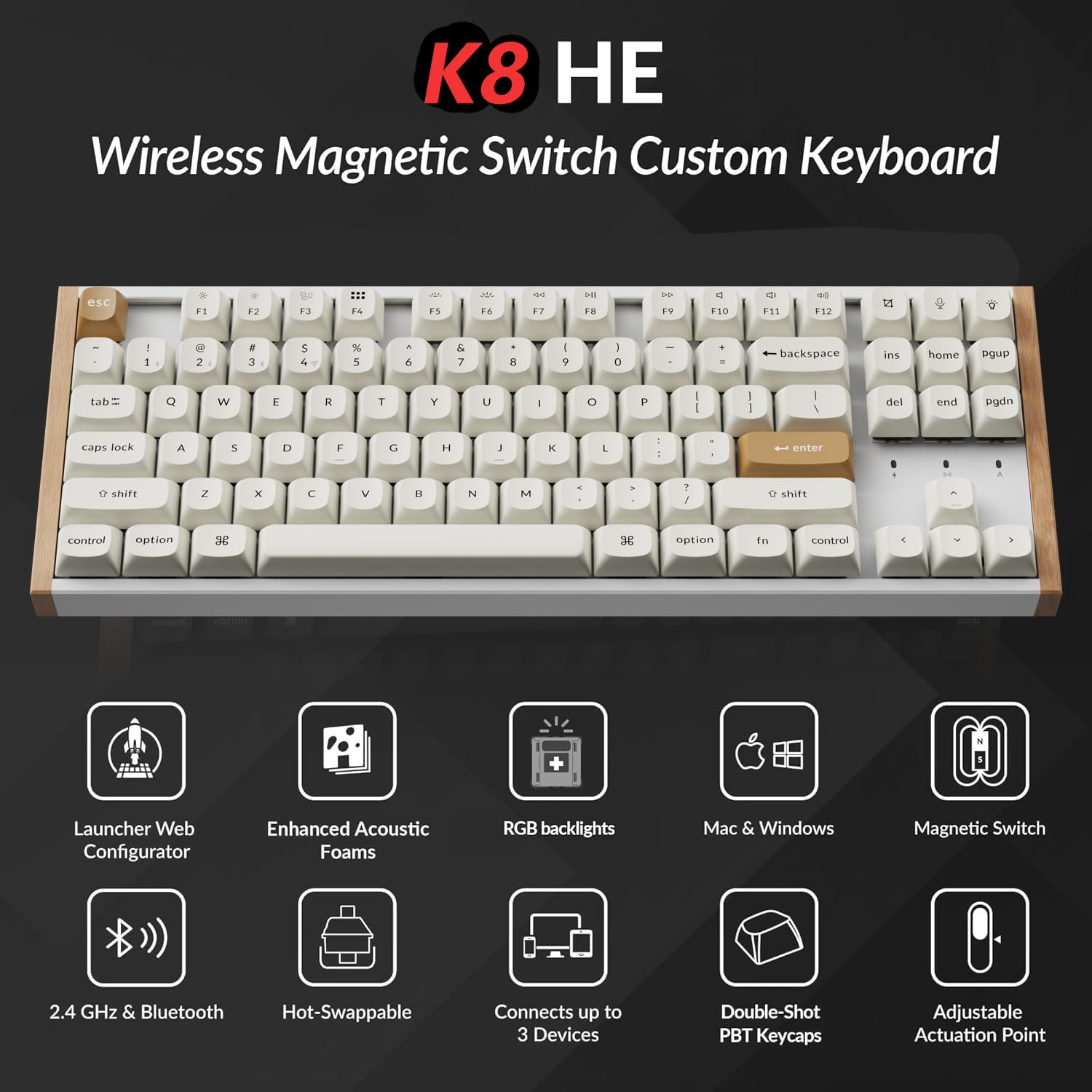 Keychron K8 HE Custom Mechanical Gaming Keyboard, TKL Layout Wood